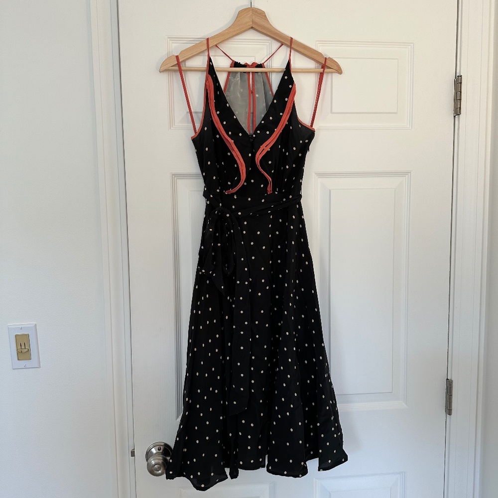 Navy Blue & White Polka Dot Silk Dress Pink Trim